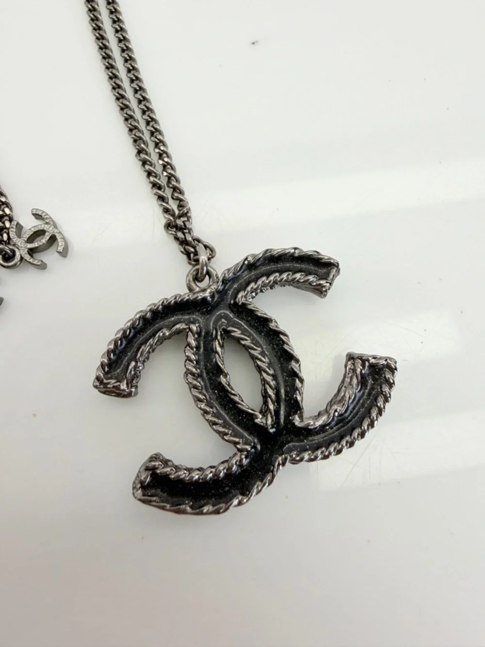 Chanel Black Crystal Interlocking Logo CC Pendant Necklace